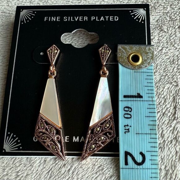 Designer Fine Silver Plated Genuine Marcasite Rose Gold Tone Drop Earrings - Picture 4 of 4